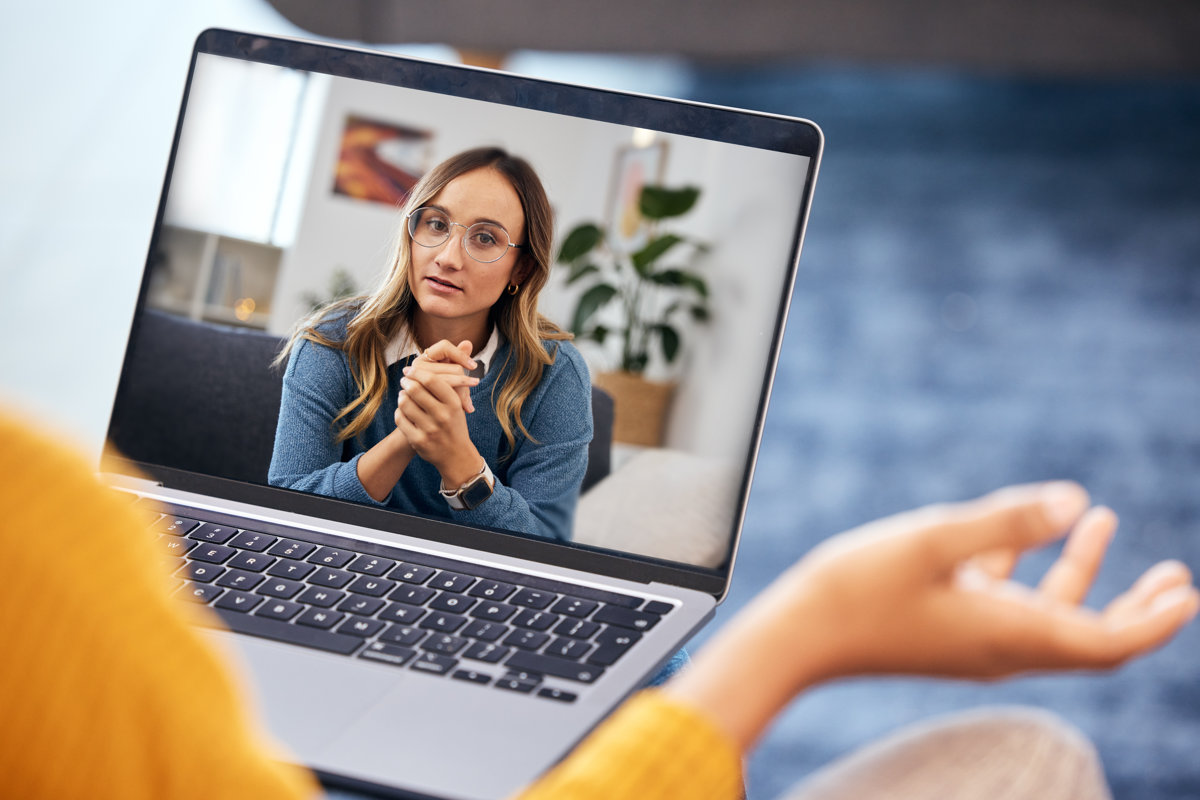 Woman, video call and therapy on laptop screen for support, advice or helping with mental health in.